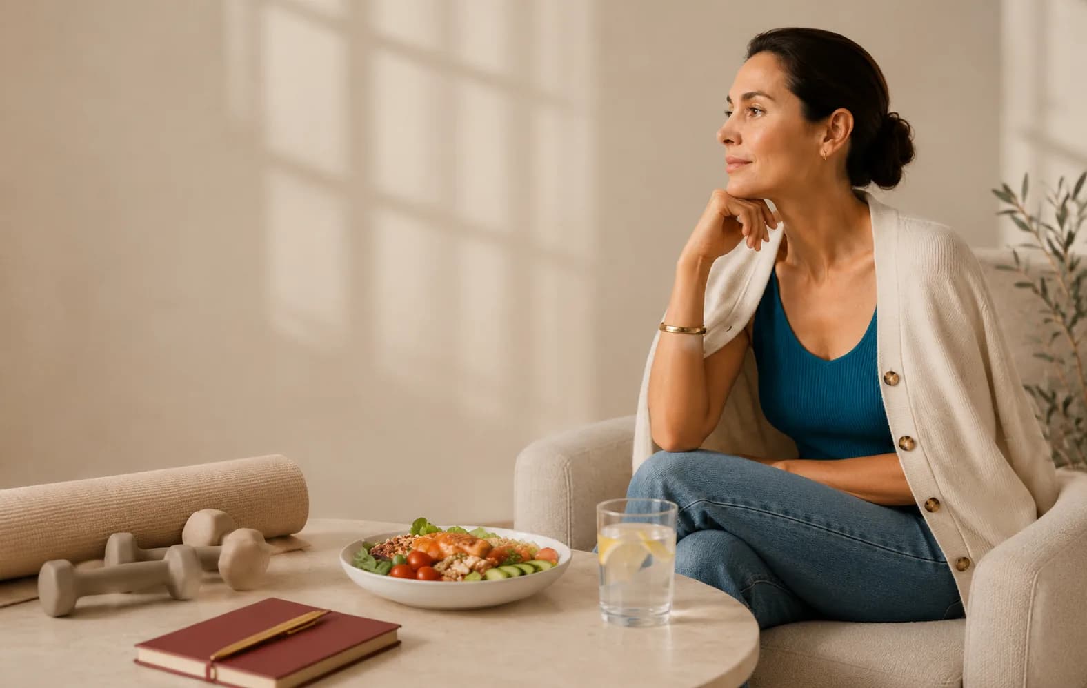 Mujer sentada en un sofá junto a una mesa con un plato de ensalada, un vaso de agua y unas mancuernas.