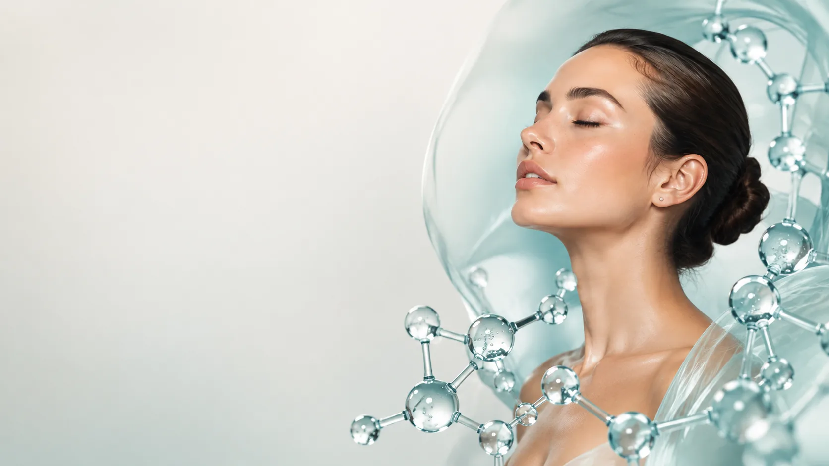 Mujer de perfil con los ojos cerrados y el pelo recogido, rodeada de una estructura molecular translúcida sobre fondo claro.